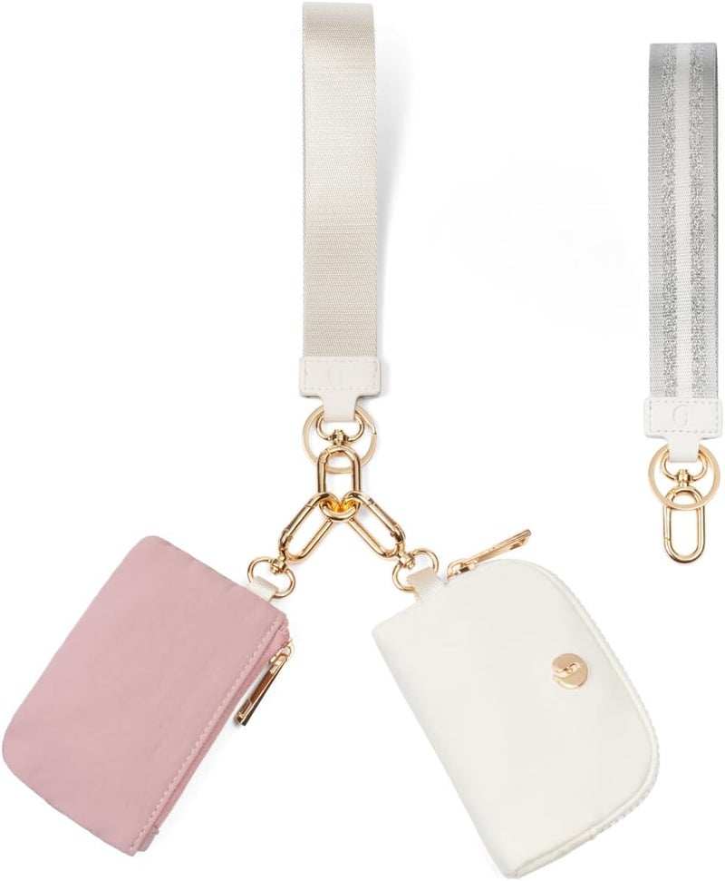 JEEBURYEE Dual Pouch Wristlet Keychain Wallet with 2 Wrist Straps - Small and Portable Mini Zipper Coin Purse Card Wallets for Women Men Gold Hardware Pink+Ivory - Image 1